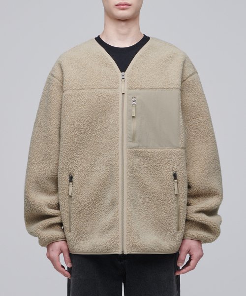 OVERSIZE COLLARLESS SHERPA FLEECE JACKET [BEIGE]