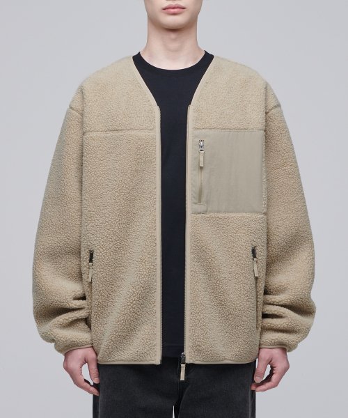 OVERSIZE COLLARLESS SHERPA FLEECE JACKET [BEIGE]