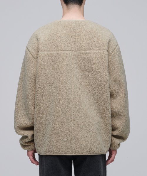 OVERSIZE COLLARLESS SHERPA FLEECE JACKET [BEIGE]