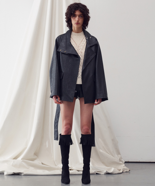 FUNNEL NECK TIE WAIST VEGAN LEATHER JACKET