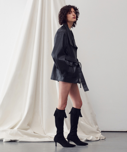 FUNNEL NECK TIE WAIST VEGAN LEATHER JACKET