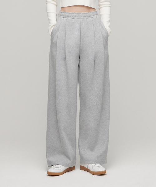 WOMENS DOUBLE KNIT TWO TUCK WIDE LOUNGE SWEAT PANTS [MEDIUM GREY]