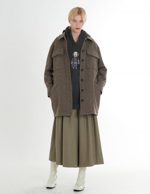 Длинная шерстяная твидовая рубашка-жакет_Brown Twill