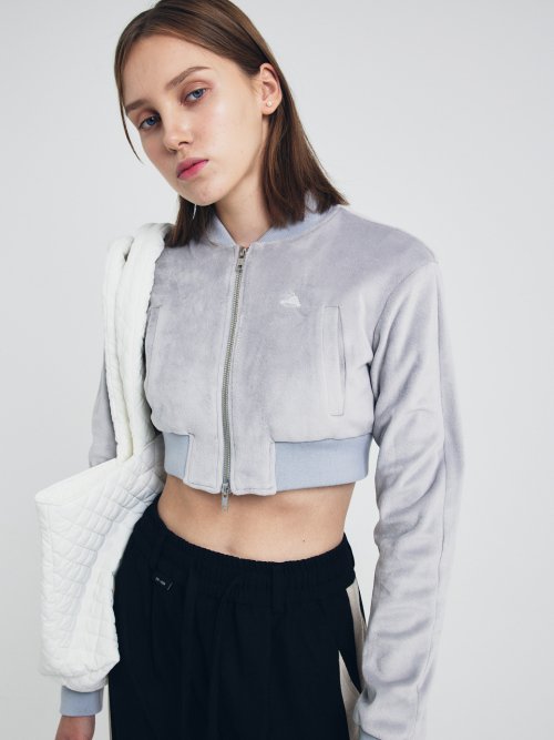 Мягкий Velvet Cropped Бомбер Куртка Серый