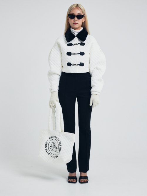 Quilted Cropped Jacket with Hook Closure White Ivory