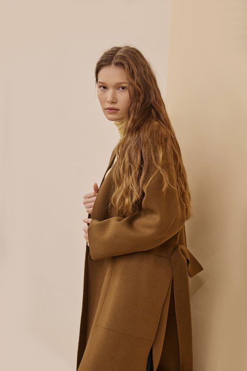 Узкое пальто без воротника с вышивкой и разрезом_Khaki Brown
