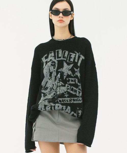 Oversized Knitted Rock Band Sweater Black
