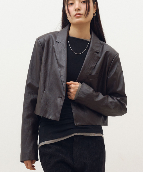 FAUX Leather Crop Blazer in Dark brown