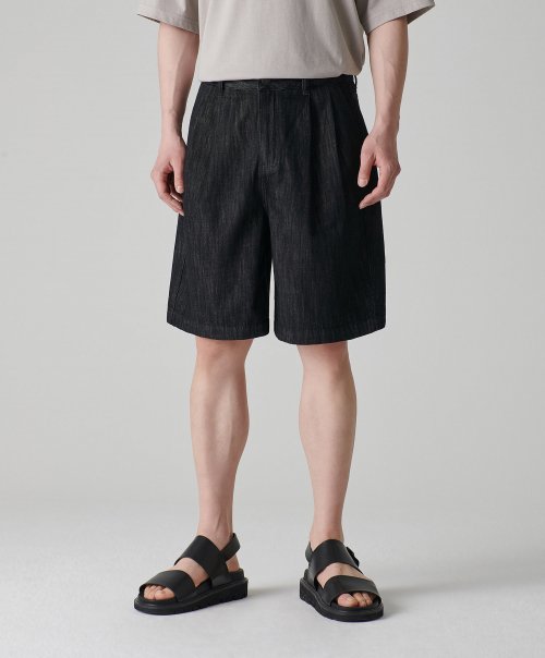 MUSINSA | MUSINSA STANDARD Linen Like Two Tuck Wide Denim Shorts