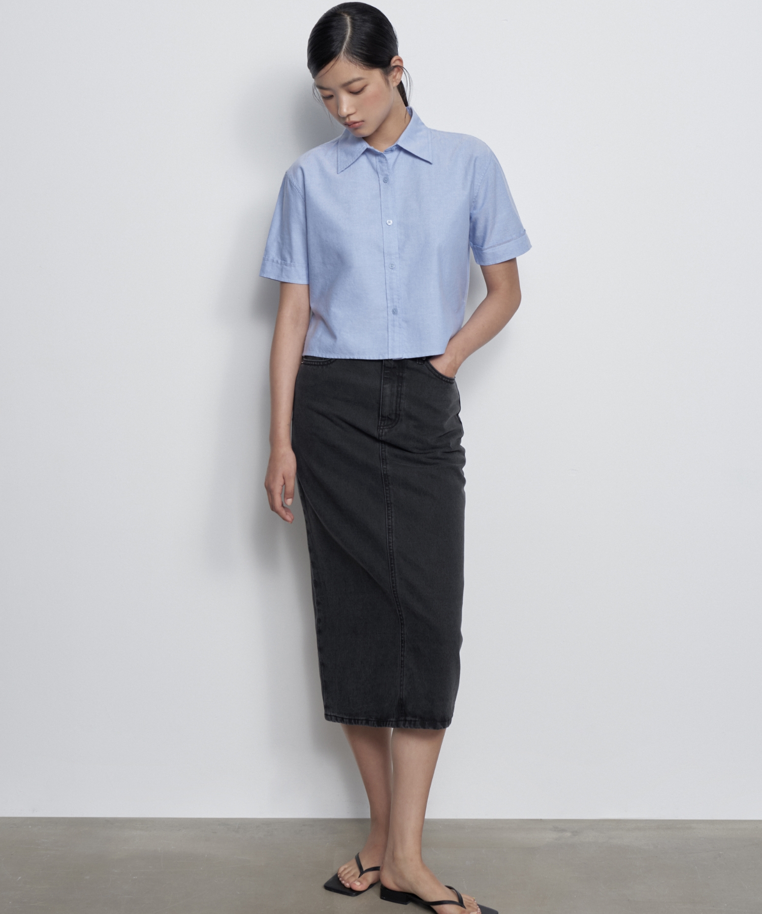 WOMENS OXFORD CROP SHORT SLEEVE SHIRT [BLUE]