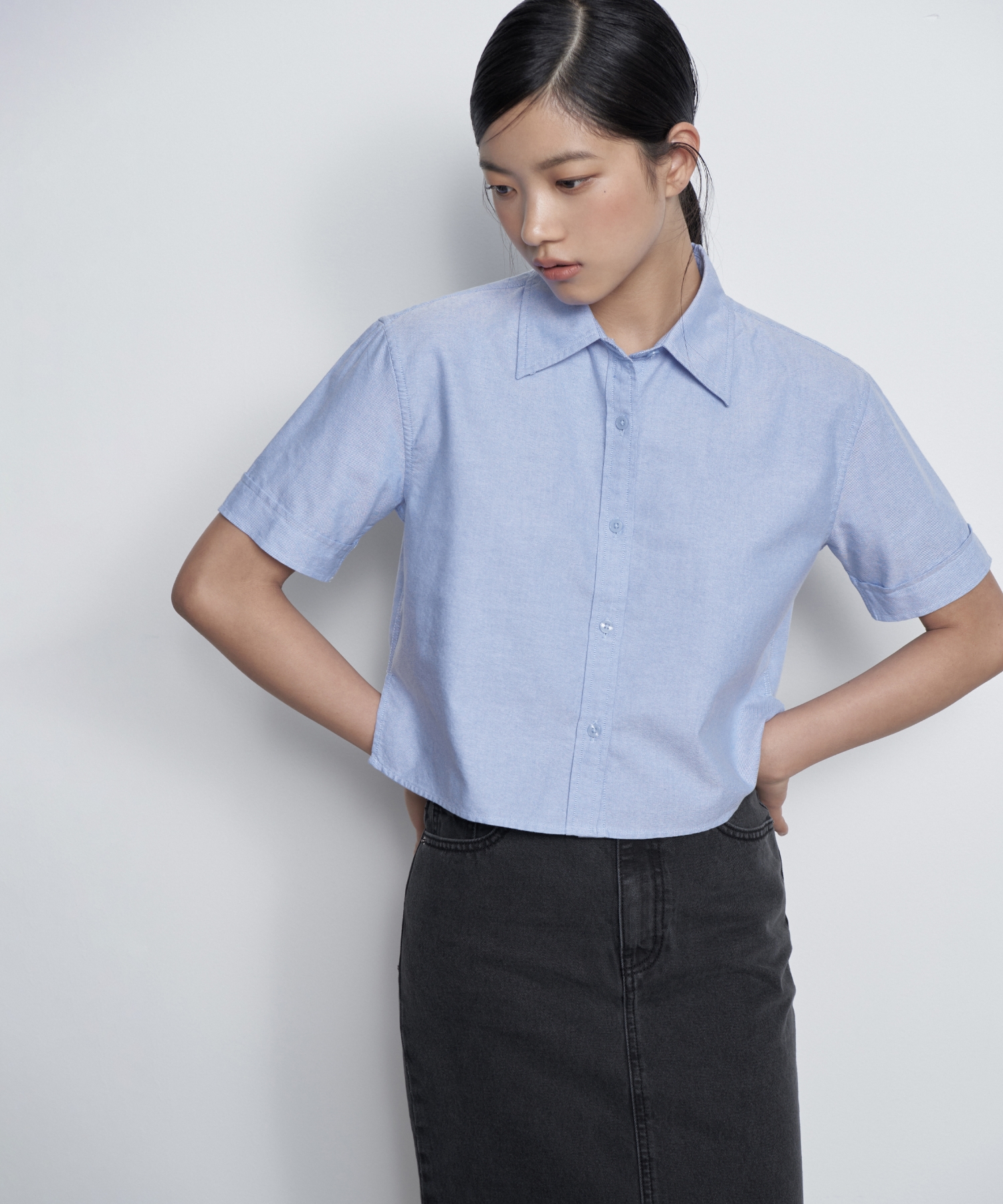 WOMENS OXFORD CROP SHORT SLEEVE SHIRT [BLUE]