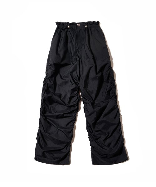 MUSINSA | WOOALONG Shirring semi wide parachute pants - BLACK