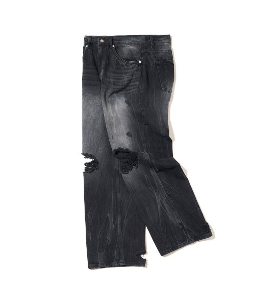 MUSINSA | WOOALONG Damage wide denim pants - BLACK