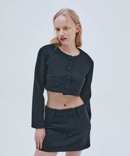 Твидовый жакет без воротника (Black)