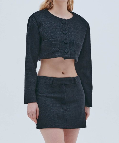 Твидовый жакет без воротника (Black)