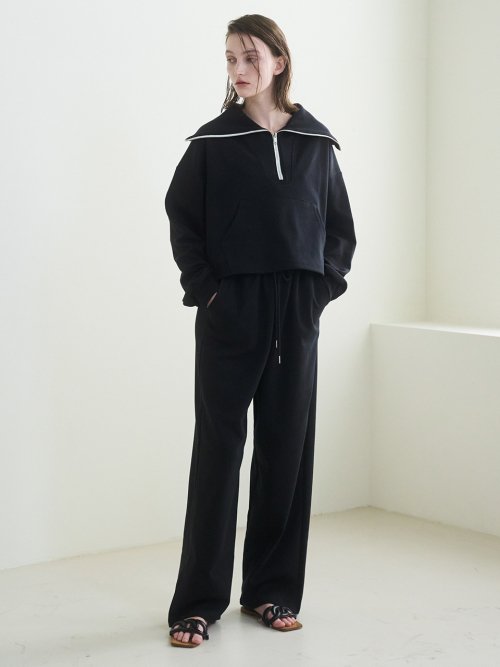широкий Collar Zip Up T-Shirts - чёрный