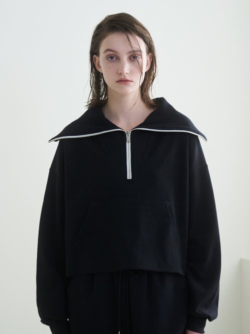 широкий Collar Zip Up T-Shirts - чёрный