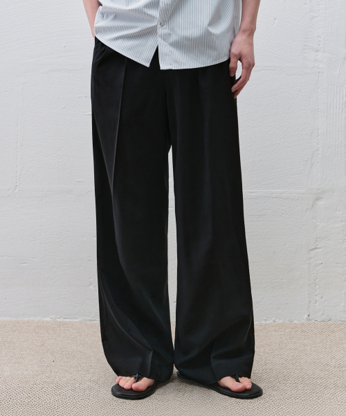 TWO TUCK BANDING WIDE LINEN SLACKS [BLACK]