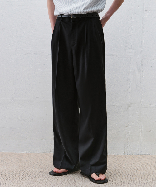TWO TUCK BANDING WIDE LINEN SLACKS [BLACK]