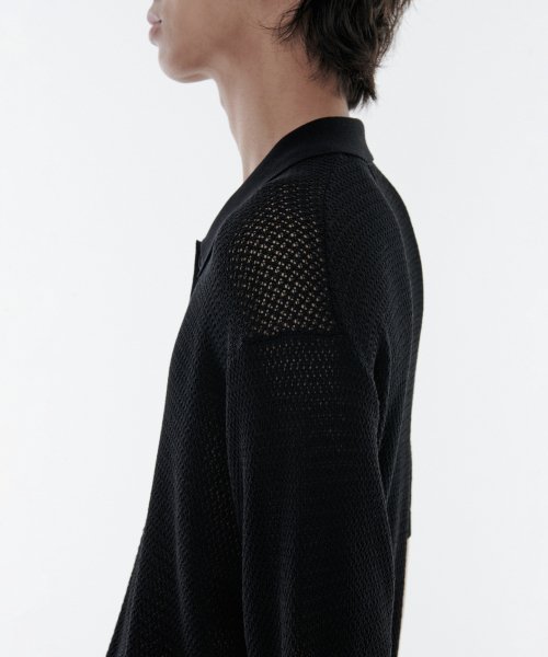 CROCHET COLLARED SHORT SLEEVE CARDIGAN[ BLACK]