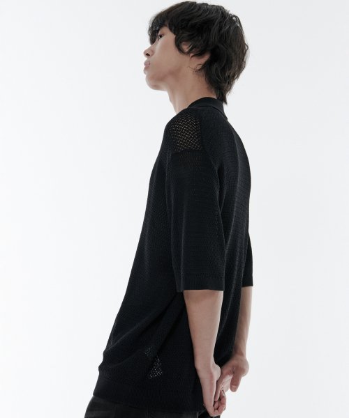 CROCHET COLLARED SHORT SLEEVE CARDIGAN[ BLACK]