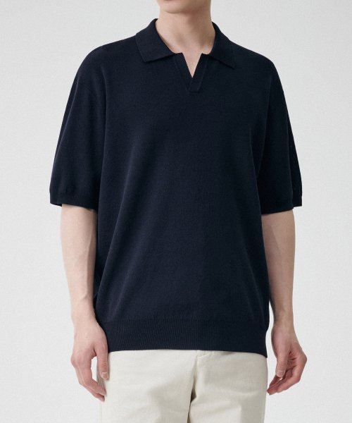 Cool Touch Slit Neck Knitted Polo Shirt [Navy] thumbnail 5