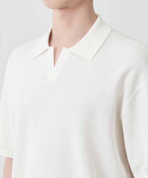 Cool Touch Slit Neck Knitted Polo Shirt [Ivory] thumbnail 3