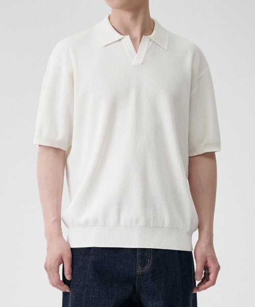 Cool Touch Slit Neck Knitted Polo Shirt [Ivory] thumbnail 6