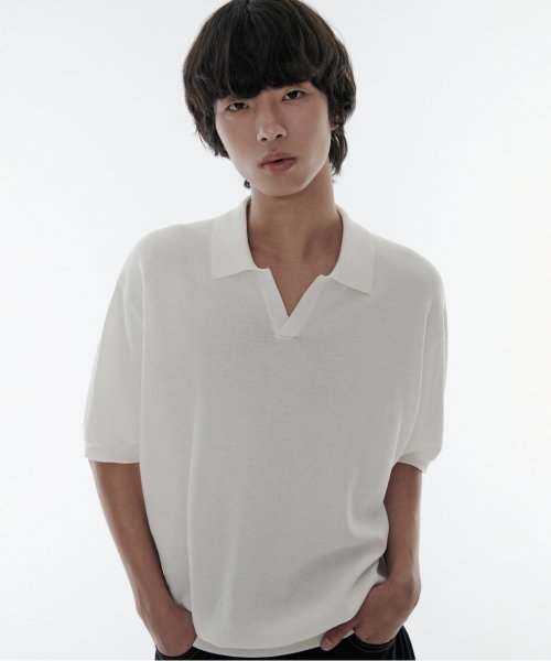 Cool Touch Slit Neck Knitted Polo Shirt [Ivory] thumbnail 7