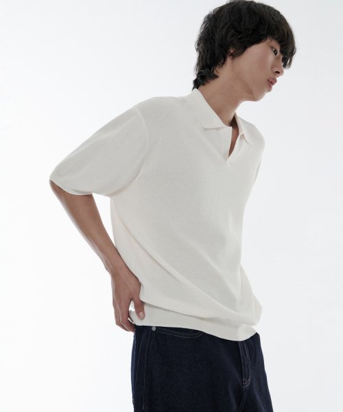 Cool Touch Slit Neck Knitted Polo Shirt [Ivory] thumbnail 8