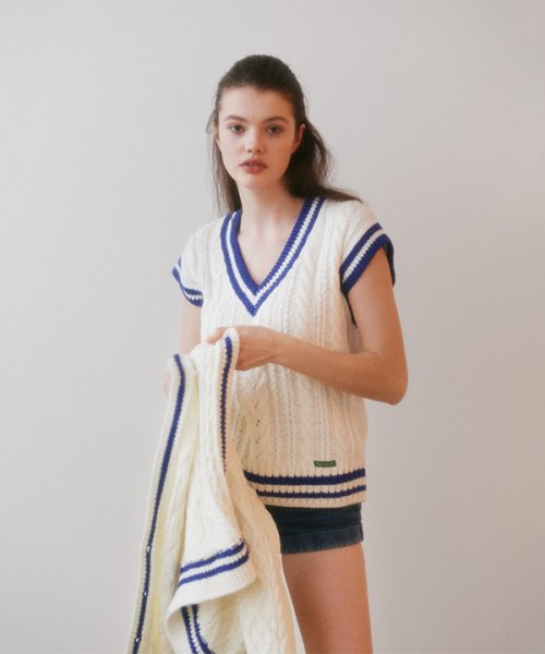 Oversized Cable Stripe Vest( Ivory)
