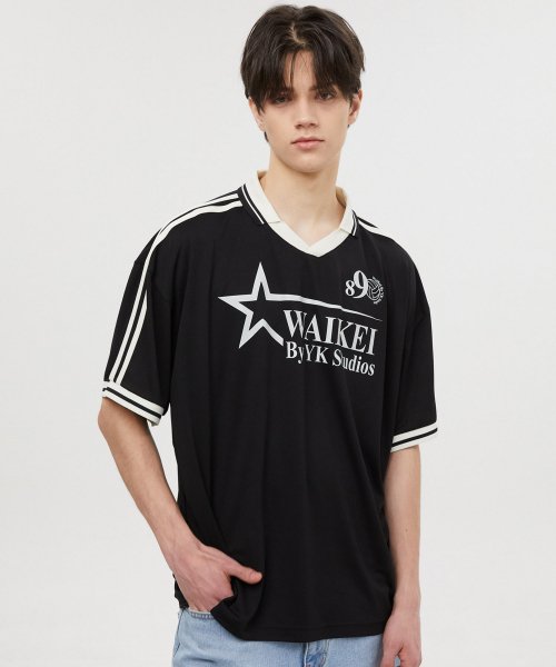 MUSINSA | WAI KEI Star Logo Collar Jersey Short Sleeve T-shirt Black