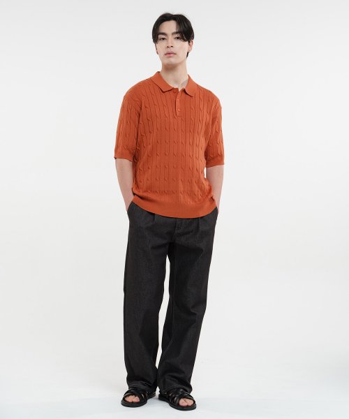 MUSINSA | DECOROSO Cable Pattern Collar Short Sleeve Knit [Orange]