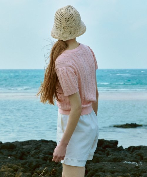 MUSINSA | DEPOUND Puff sleeve cable knit [light pink]