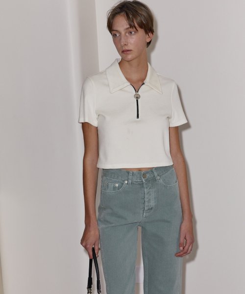 VELOUR ZIP-UP POLO TOP - IVORY