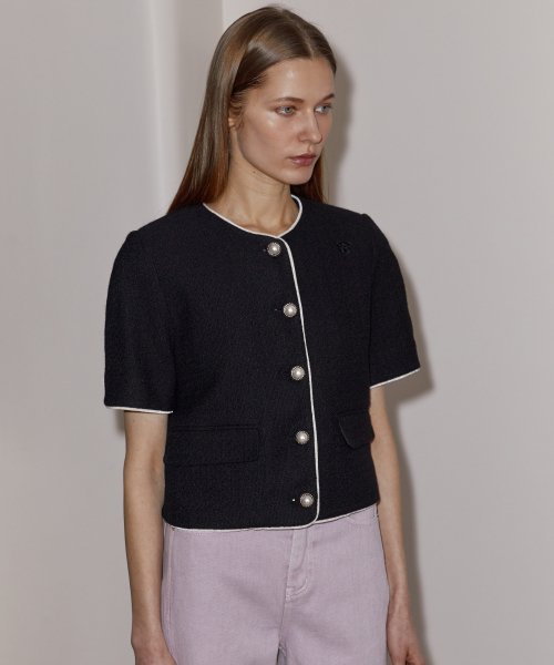 VELVET TRIMMED COTTON CROP JACKET - BLACK