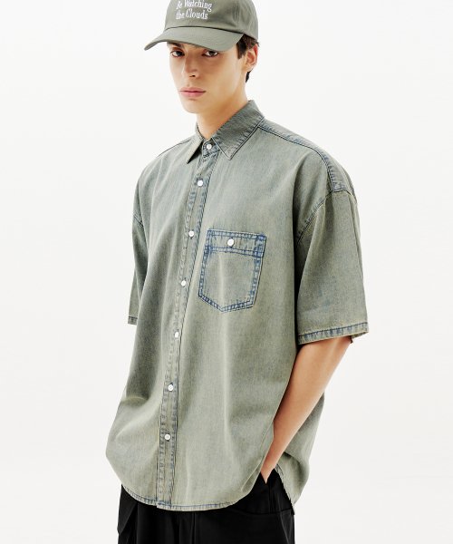 Stone Washing Overfit Denim Short Sleeve Shirt_BEIGE BLUE thumbnail 2