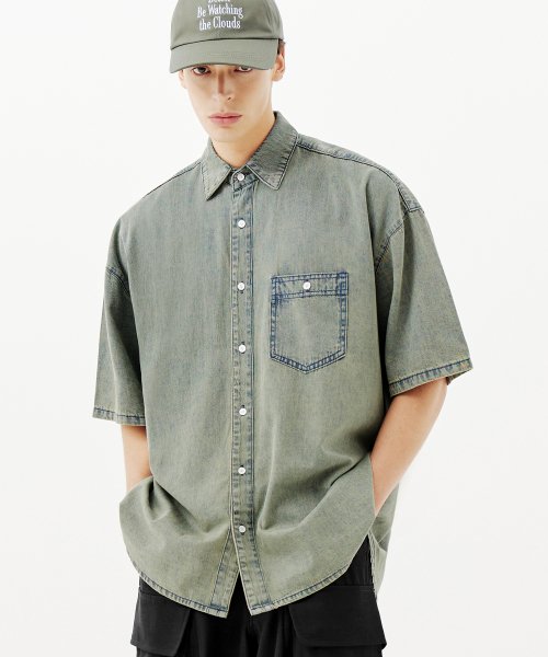 Stone Washing Overfit Denim Short Sleeve Shirt_BEIGE BLUE thumbnail 3