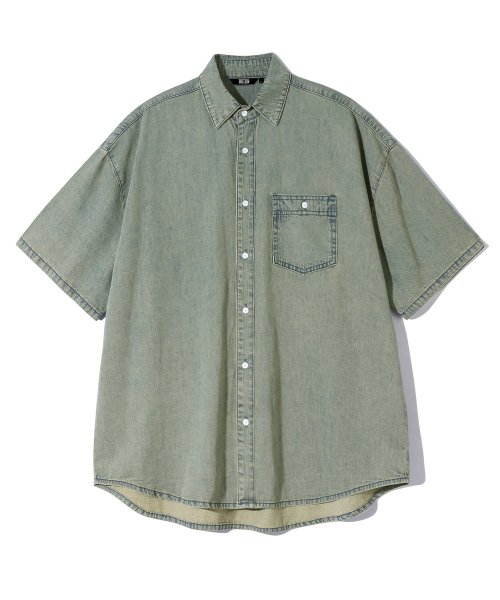Stone Washing Overfit Denim Short Sleeve Shirt_BEIGE BLUE thumbnail 4