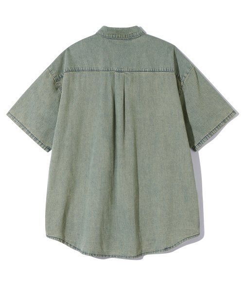 Stone Washing Overfit Denim Short Sleeve Shirt_BEIGE BLUE thumbnail 5