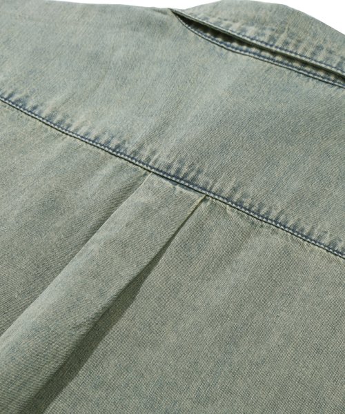 Stone Washing Overfit Denim Short Sleeve Shirt_BEIGE BLUE thumbnail 11