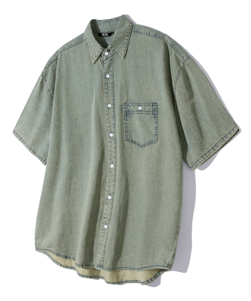 Stone Washing Overfit Denim Short Sleeve Shirt_BEIGE BLUE thumbnail 13