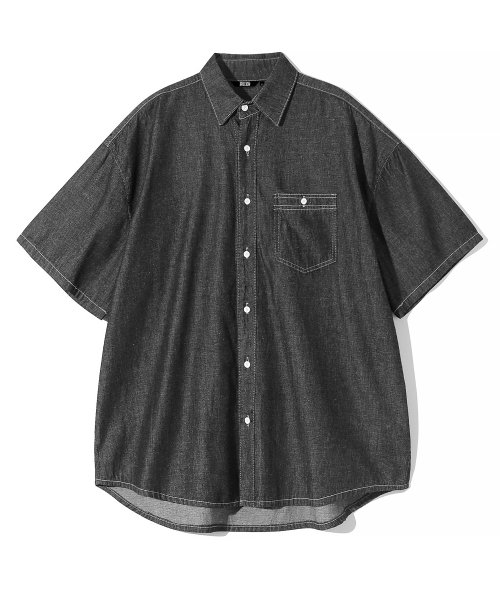 камень стирка оверсайз деним с коротким рукавом рубашка (DEEP GRAY)