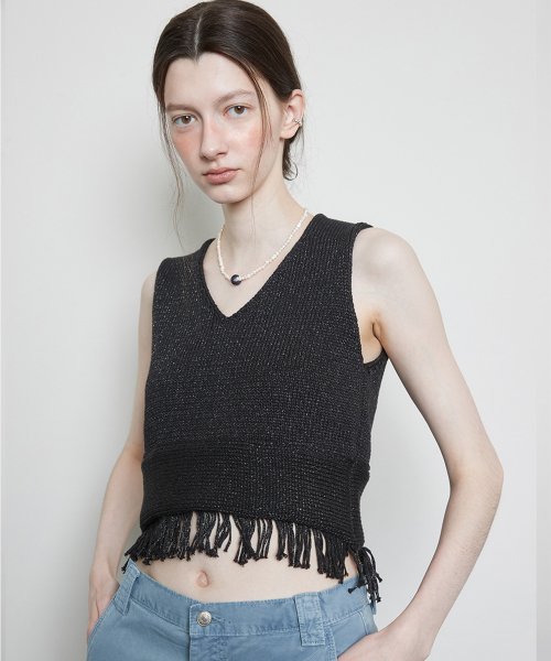 L3 FRINGE KNIT BUSTIER BLACK