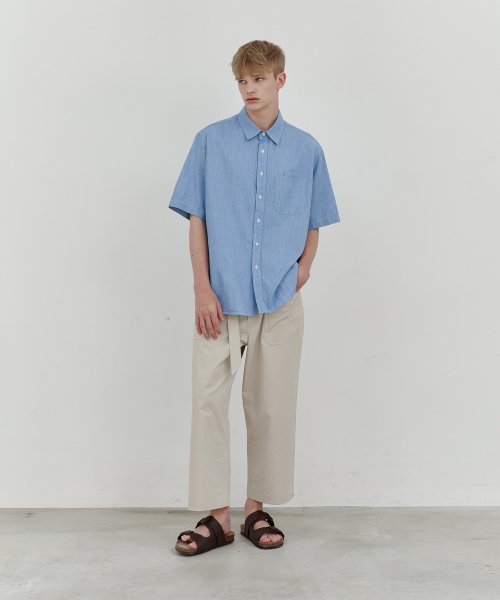 Linen denim double pocket 1 2 shirt light blue