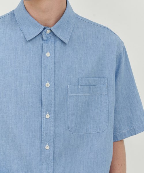 Linen denim double pocket 1 2 shirt light blue