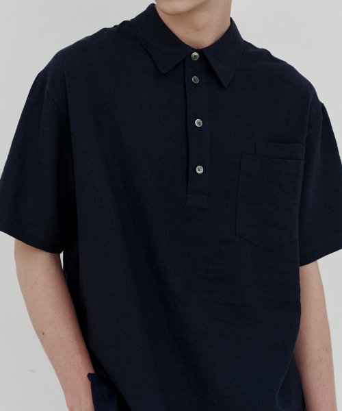 Linen pullover double pocket 1 2 shirt navy