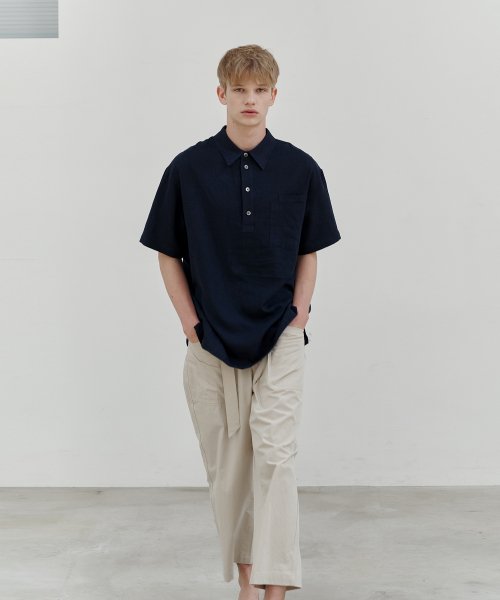 Linen pullover double pocket 1 2 shirt navy