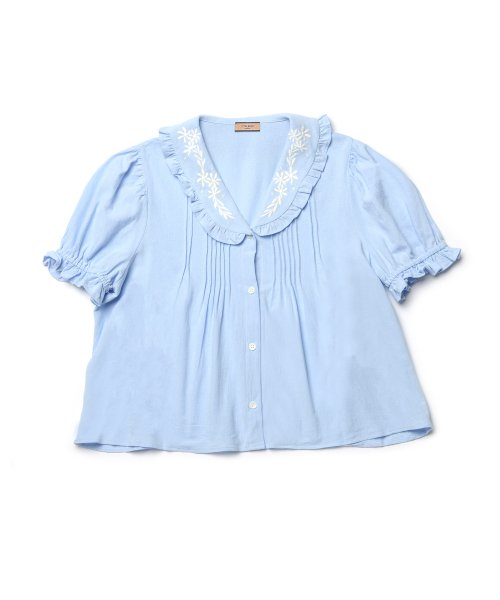 Embroidered Pintuck Puff Blouse Lightblue