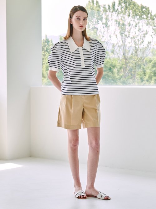 Stripe Puff Collar T Shirt Navy